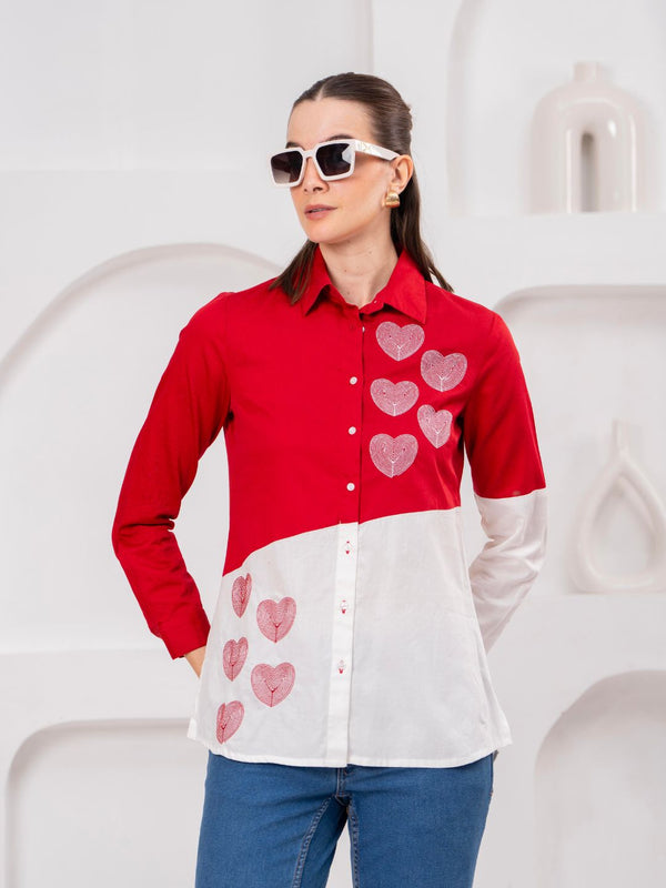 Classic Red & White Cotton Embroidered Heart Shirt