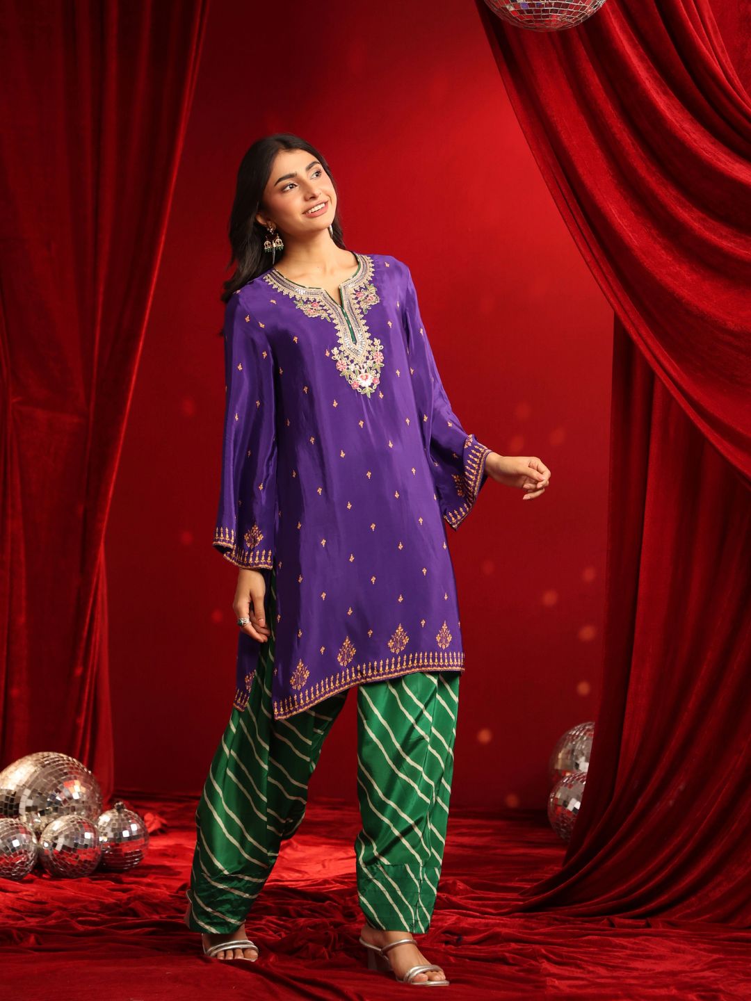 Purple Green Crepe Embroidered Kurta with Farshi Salwar Set