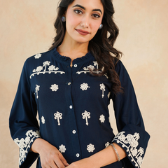 Navy Blue Embroidered Rayon Midi Dress