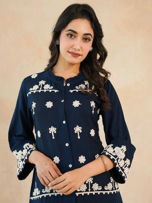 Navy Blue Embroidered Rayon Midi Dress