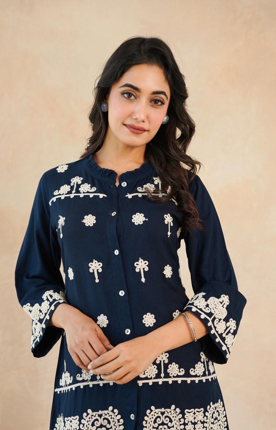 Navy Blue Embroidered Rayon Midi Dress