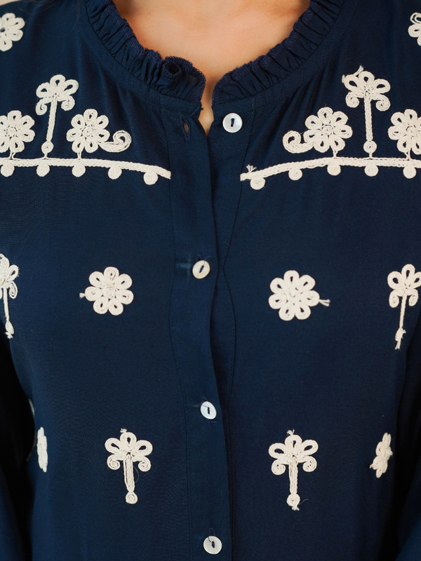 Navy Blue Embroidered Rayon Midi Dress