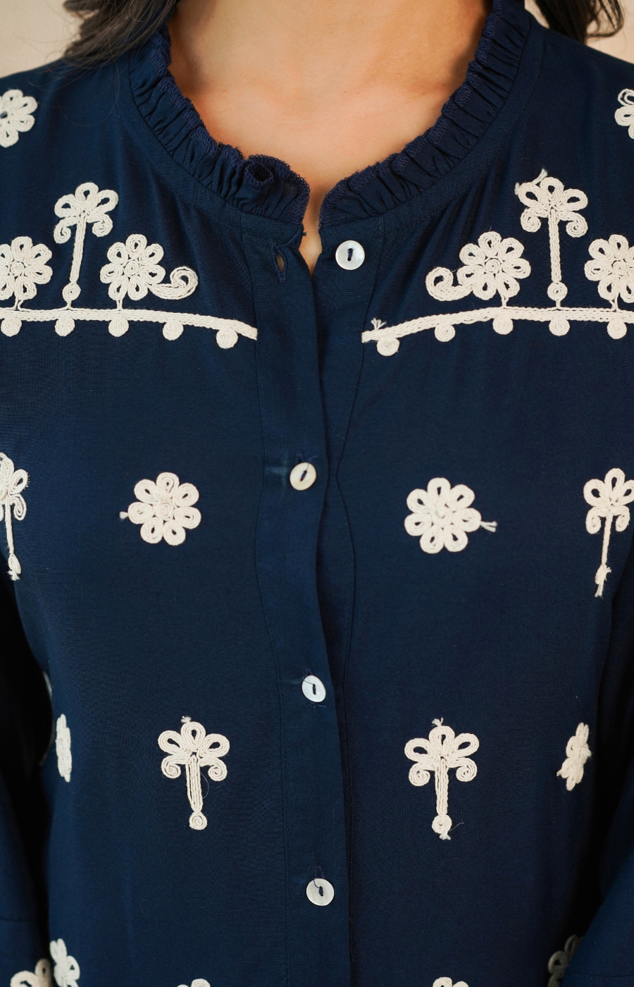 Navy Blue Embroidered Rayon Midi Dress