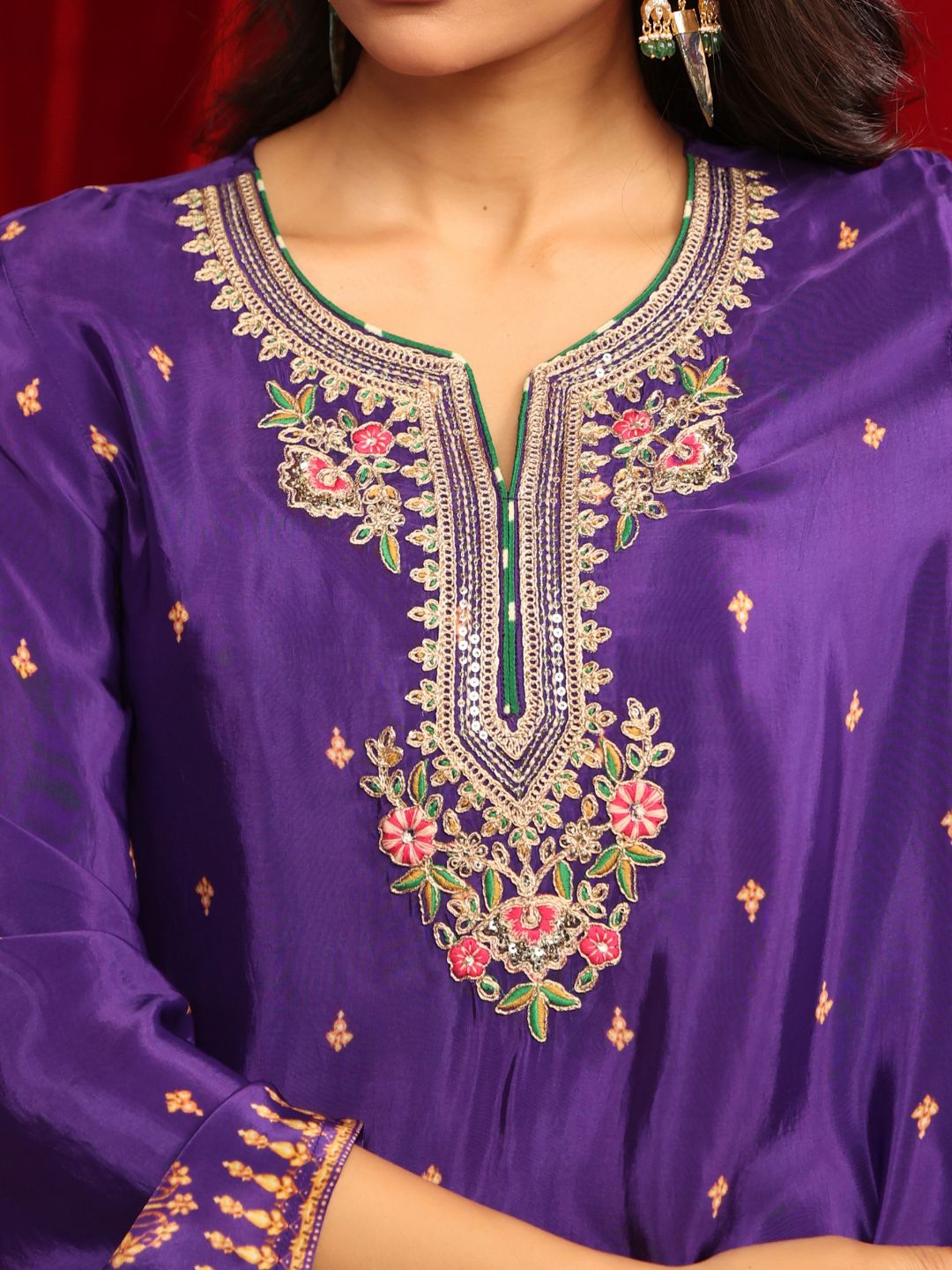 Purple Green Crepe Embroidered Kurta with Farshi Salwar Set