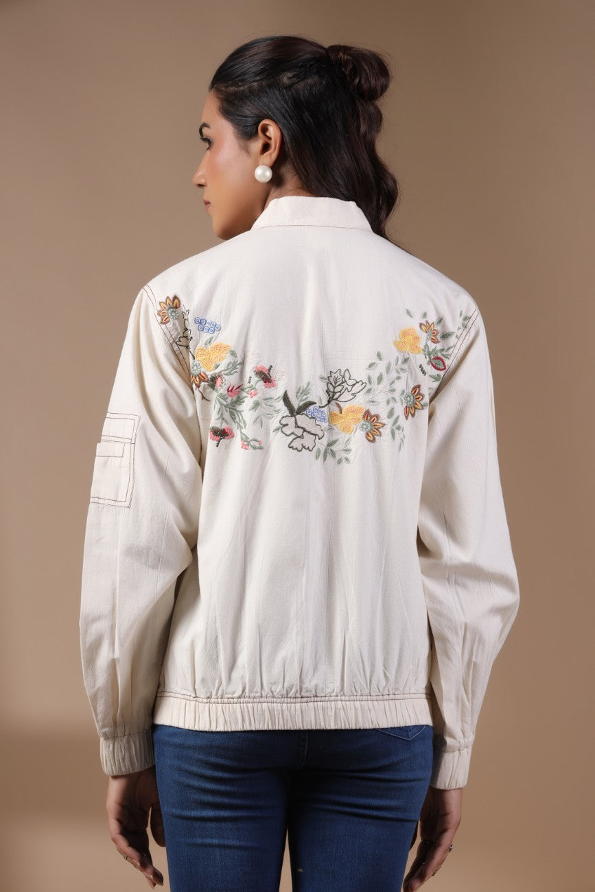 Ivory Floral Embroidered Bomber Jacket