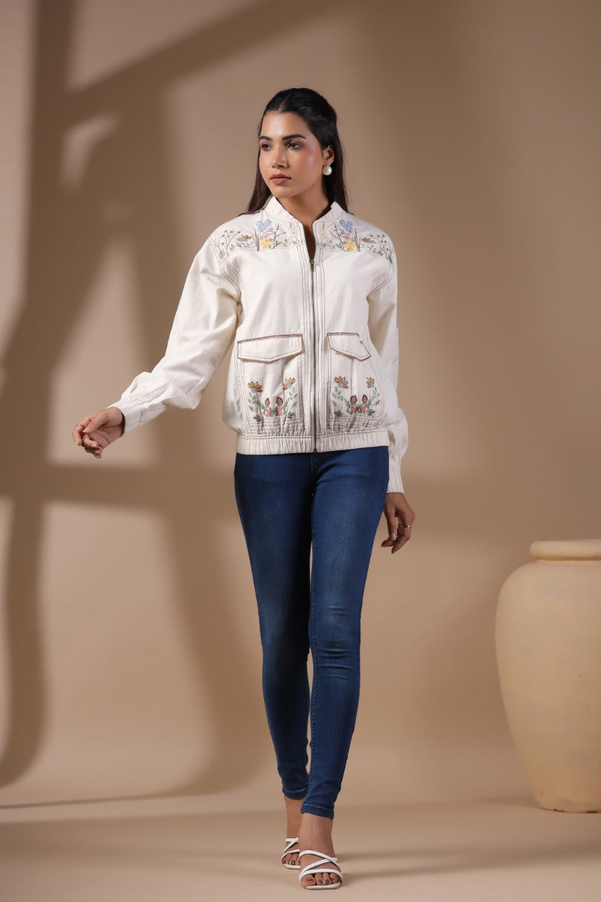 Ivory Floral Embroidered Bomber Jacket