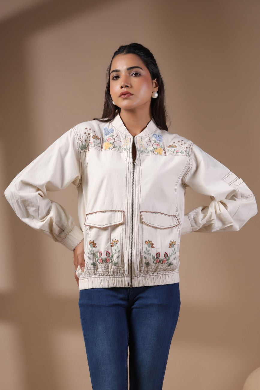 Ivory Floral Embroidered Bomber Jacket