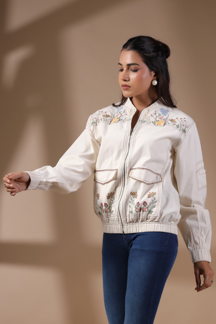 Ivory Floral Embroidered Bomber Jacket
