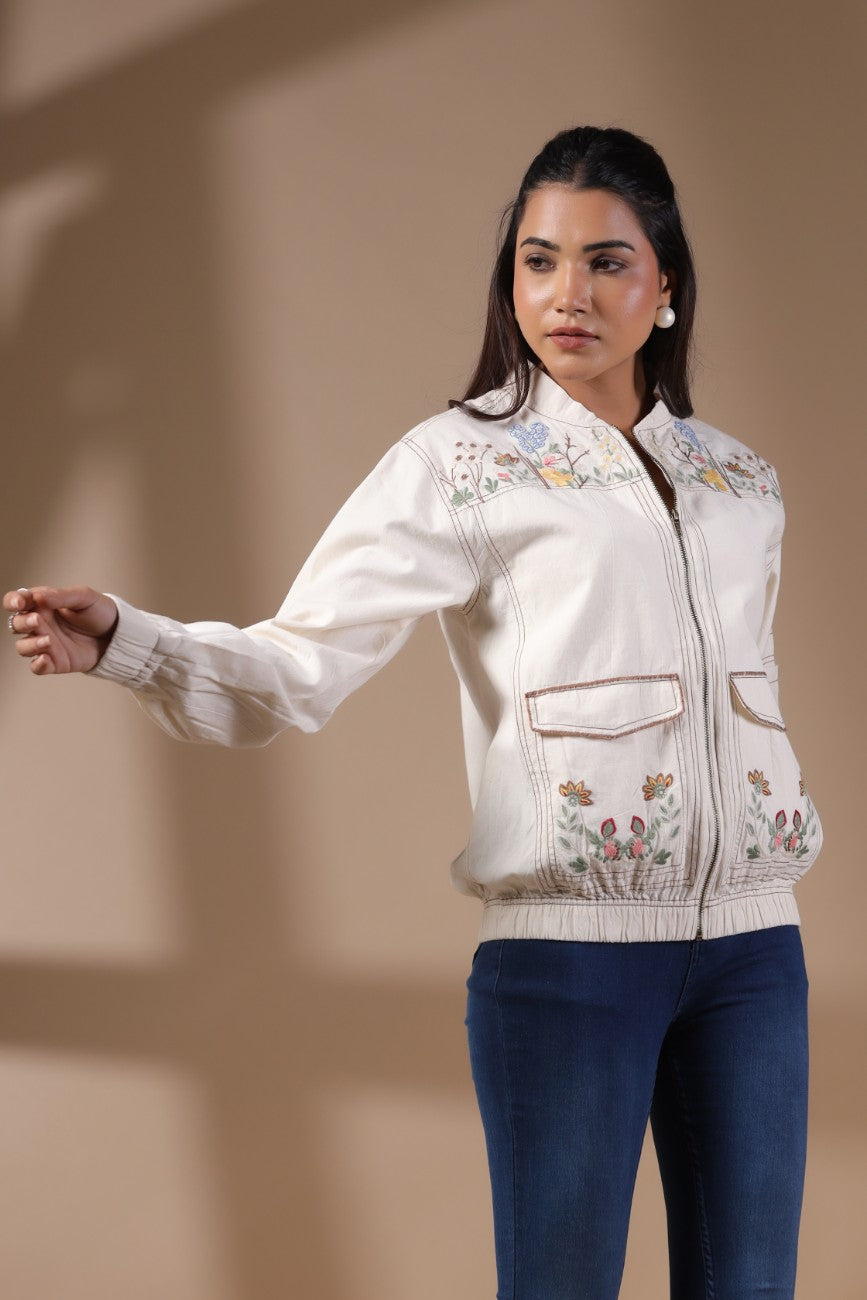 Ivory Floral Embroidered Bomber Jacket