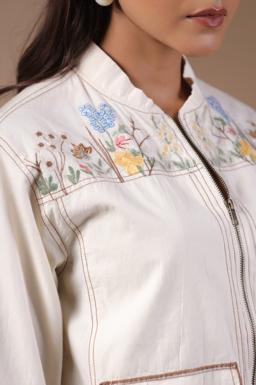 Ivory Floral Embroidered Bomber Jacket