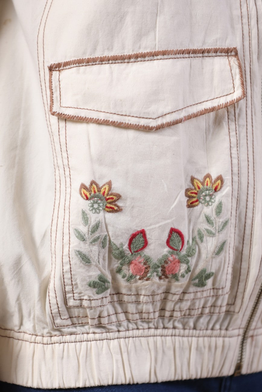 Ivory Floral Embroidered Bomber Jacket