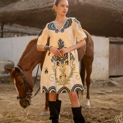Cream Cotton Embroidered Midi Dress with V-Neck & Elbow Sleeves