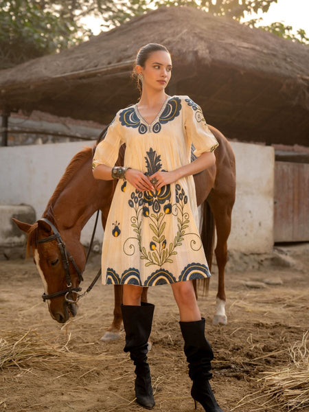 Cream Cotton Embroidered Midi Dress with V-Neck & Elbow Sleeves