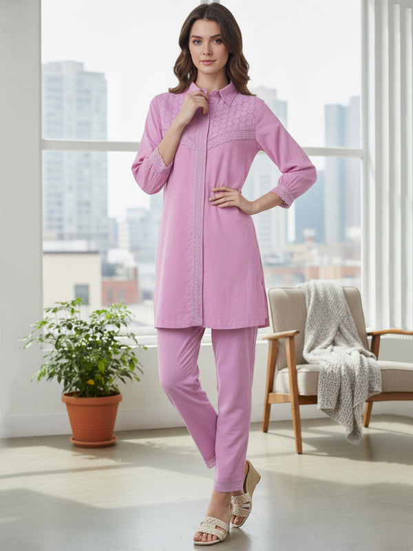 Graceful Lavender Co-Ord Ensemble Featuring Intricate Lace and Comfort Fit