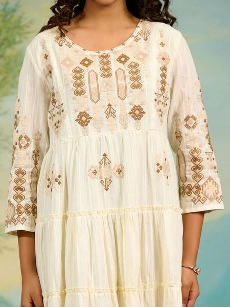 Off White Embroidery Work Midi Dress