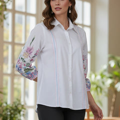 Women’s Casual White Shirt Top with Multicolor Embroidery