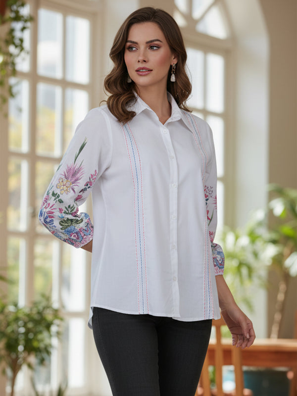 Women’s Casual White Shirt Top with Multicolor Embroidery