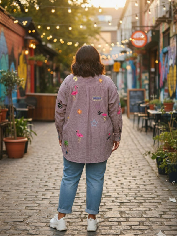 Women Striped Embroidered Patch Casual Shirt