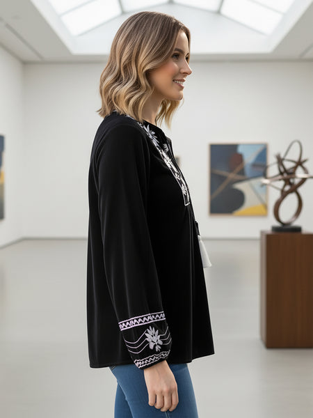 Designer Black Top with White Embroidery