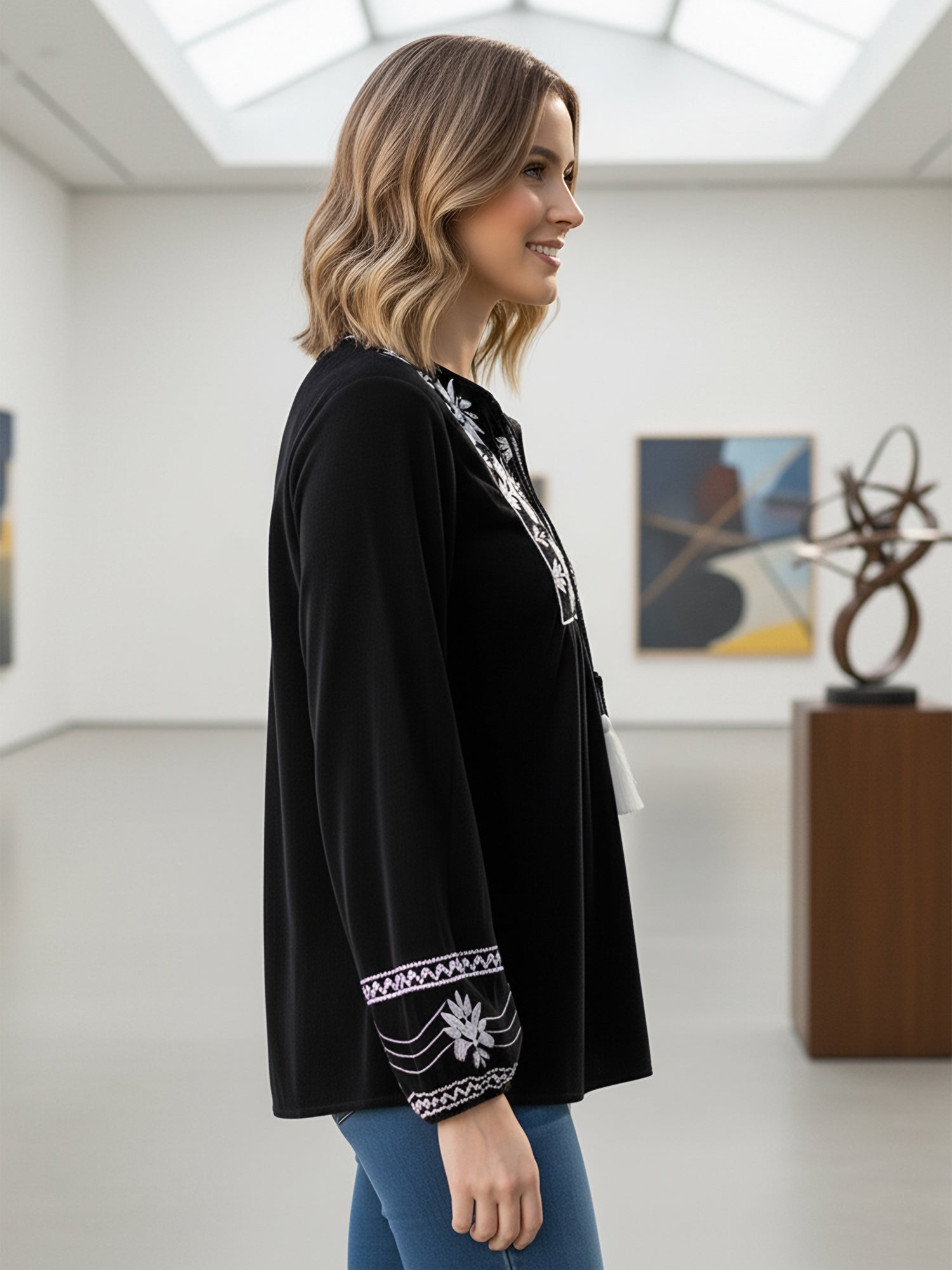 Designer Black Top with White Embroidery