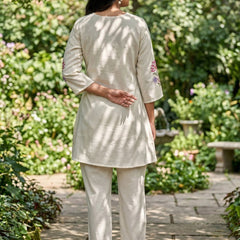 Beige Silk Embroidered Collar Neck Co-Ord Set