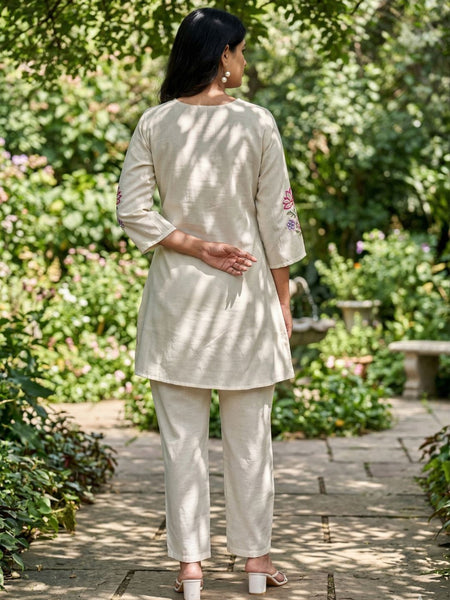 Beige Silk Embroidered Collar Neck Co-Ord Set