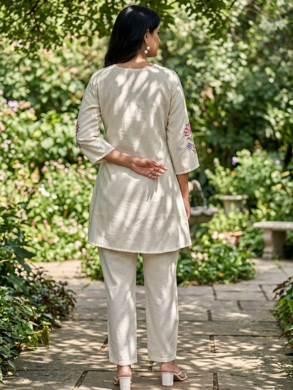Beige Silk Embroidered Collar Neck Co-Ord Set