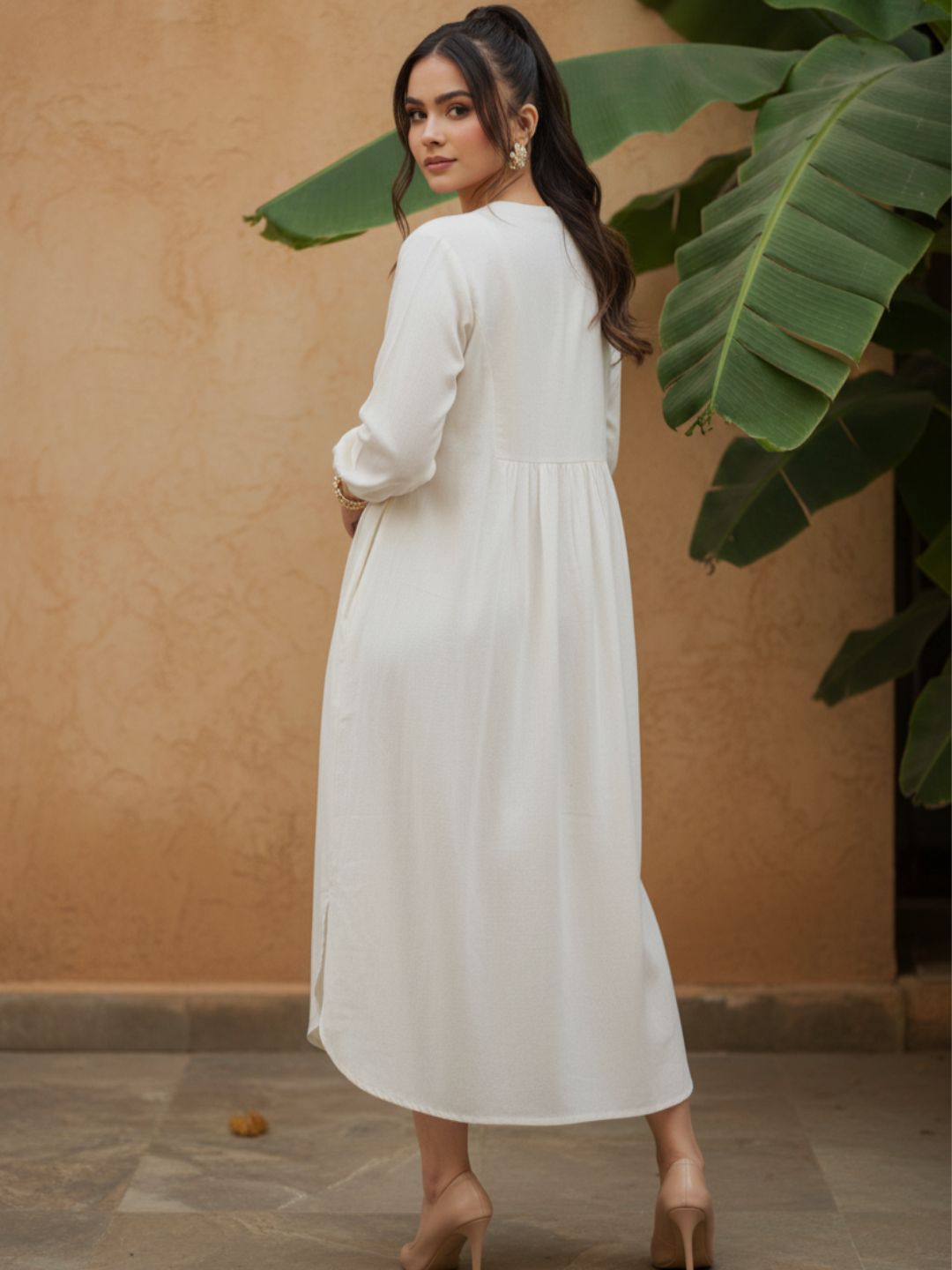Off-White Floral Embroidered A-Line Midi Kurta Dress