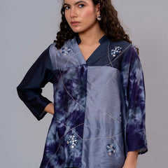 Stylish Navy Blue Satin Tie-Dye Embroidered Co-Ord Set