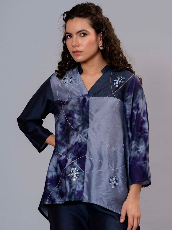 Stylish Navy Blue Satin Tie-Dye Embroidered Co-Ord Set