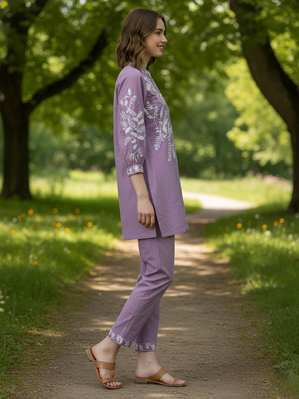 Designer Purple Kurta & Pant Set with White Threadwork
