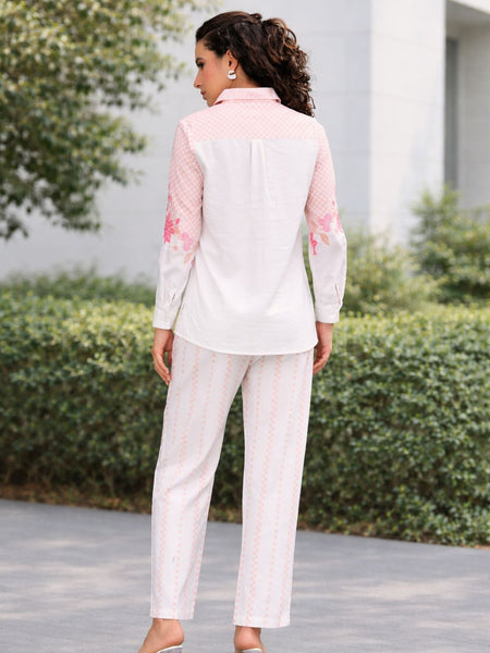 Women Stylish Printed White Shirt And Pants Set