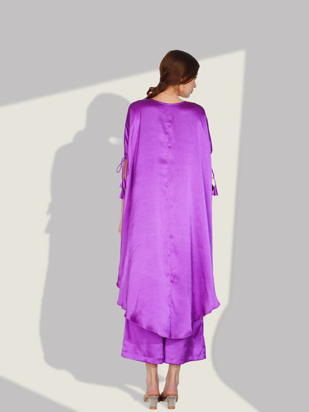 Stylish Satin V-neck Purple Co-ord Set