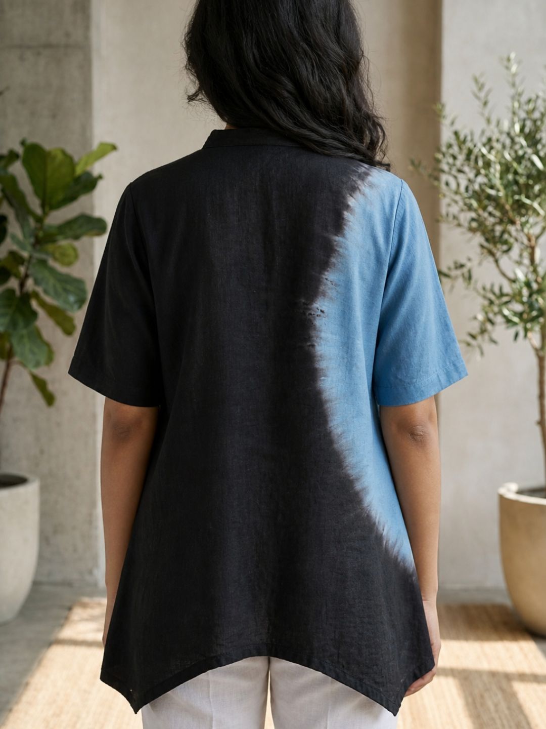 Stylish Ombre Dyed High-Low Tunic Top with Mandarin Collar & Short Sleeves