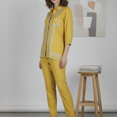 Mustard Meadow White Floral Embroidered Cotton Co-ord Set