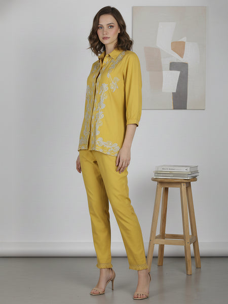 Mustard Meadow White Floral Embroidered Cotton Co-ord Set