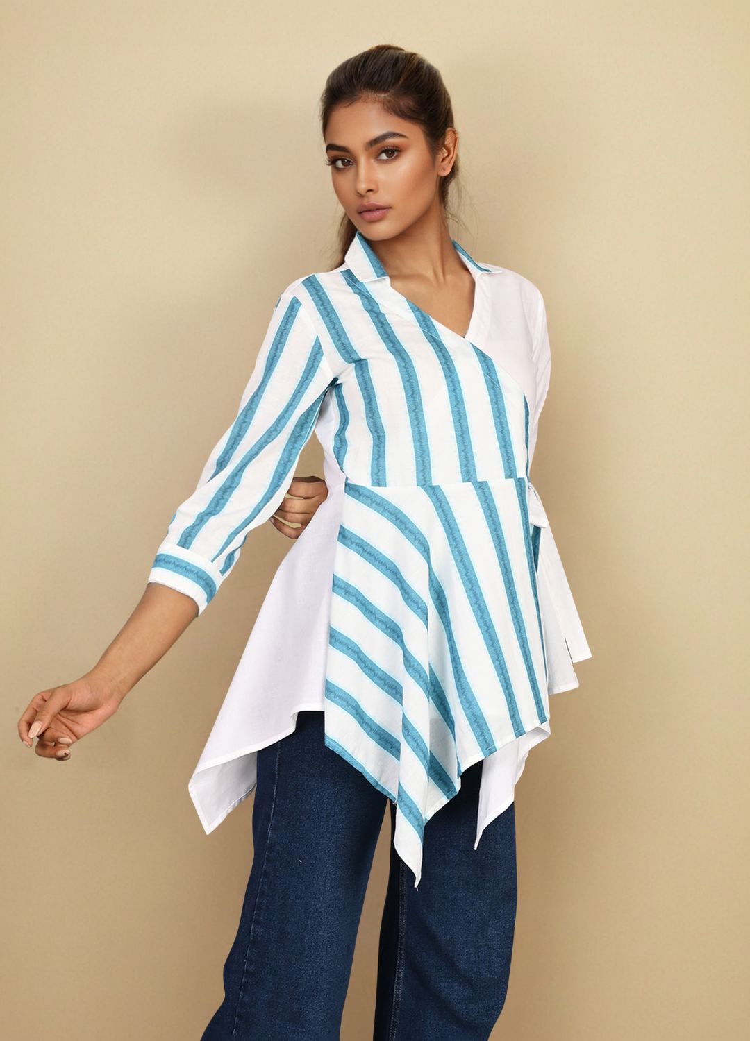 White Blue Cotton Wrap shirt