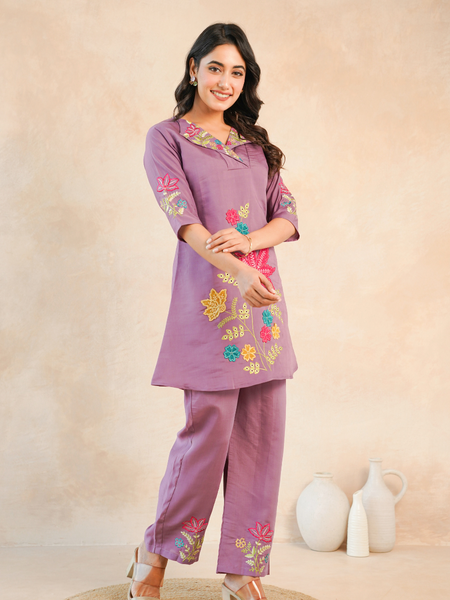 Lavender Floral Embroidered Kurta and Straight Pant Co-ord Set