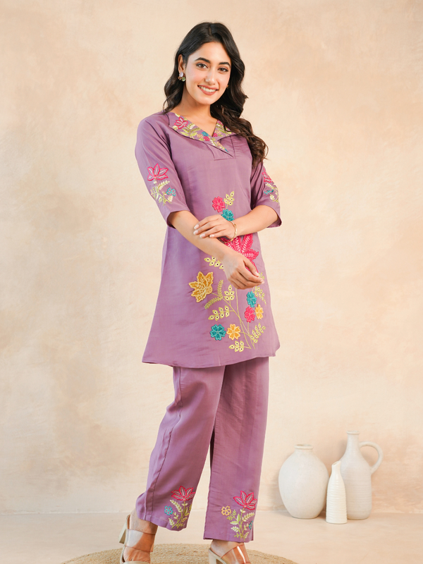 Lavender Floral Embroidered Kurta and Straight Pant Co-ord Set