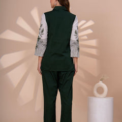Elegant Dark Green Co-Ord Set With Printed Sleeves