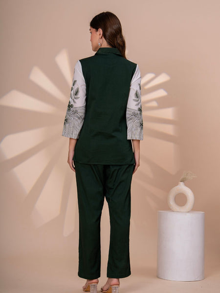 Elegant Dark Green Co-Ord Set With Printed Sleeves