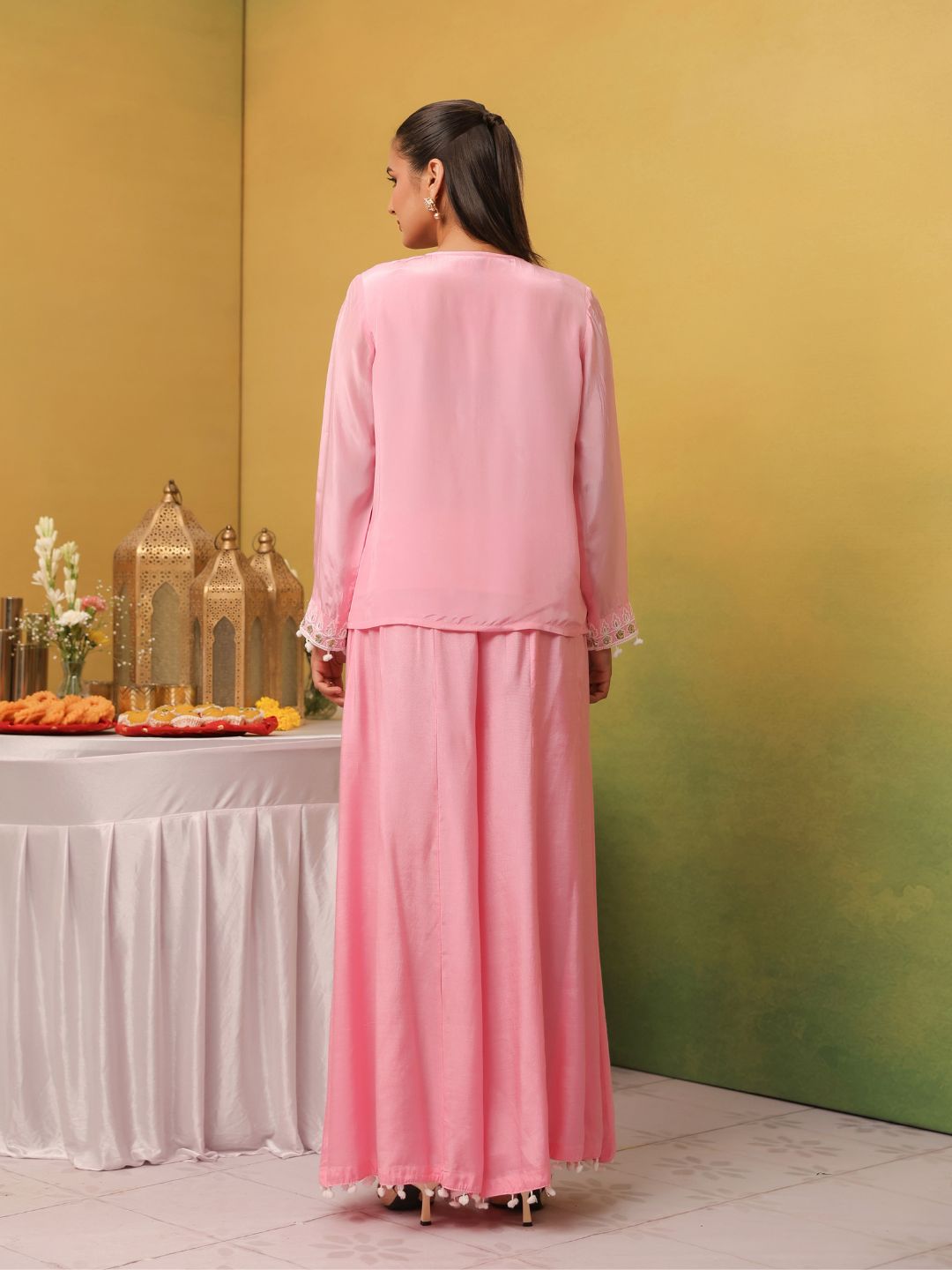 Pink Crepe Embroidered Top with Shantoon Palazzo Set
