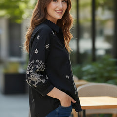 Elegant Black Button-Down Shirt with Floral Embroidered Sleeves
