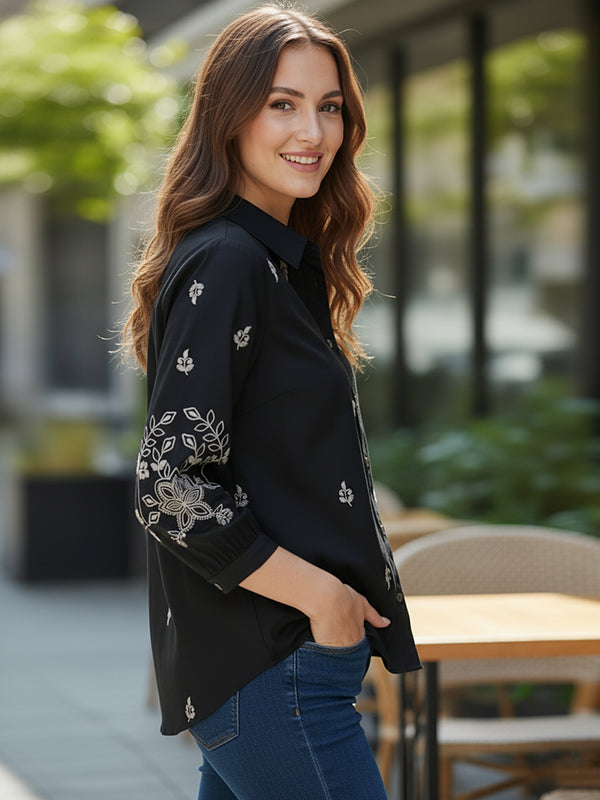 Elegant Black Button-Down Shirt with Floral Embroidered Sleeves