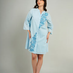 Light Blue Embroidered Cotton Shirt Dress