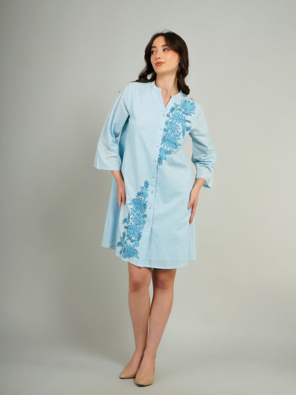 Light Blue Embroidered Cotton Shirt Dress