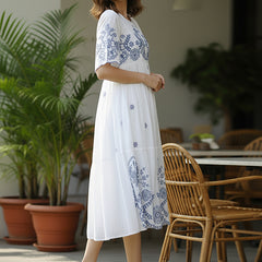 Flawless White Embroidered Cotton Midi Dress