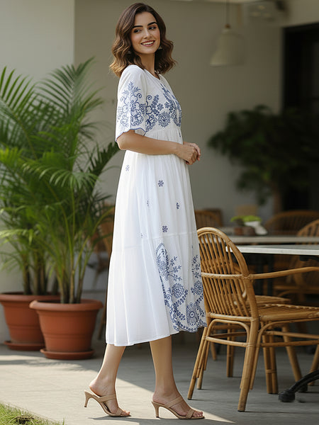 Flawless White Embroidered Cotton Midi Dress