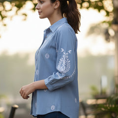Sky Blue Handcrafted Embroidered Cotton Shirt with Statement Sleeves