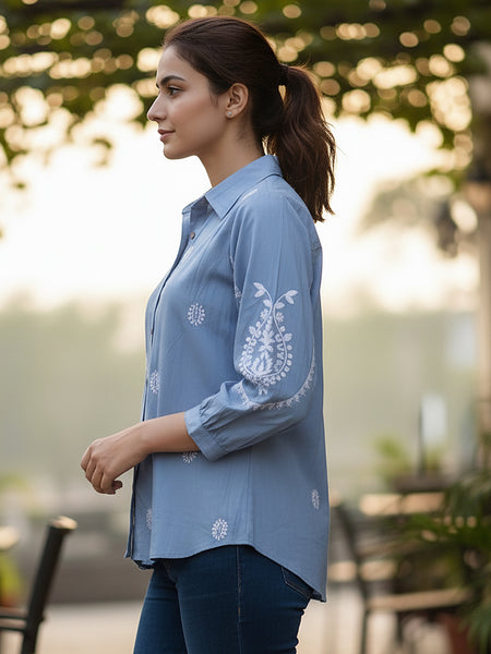Sky Blue Handcrafted Embroidered Cotton Shirt with Statement Sleeves
